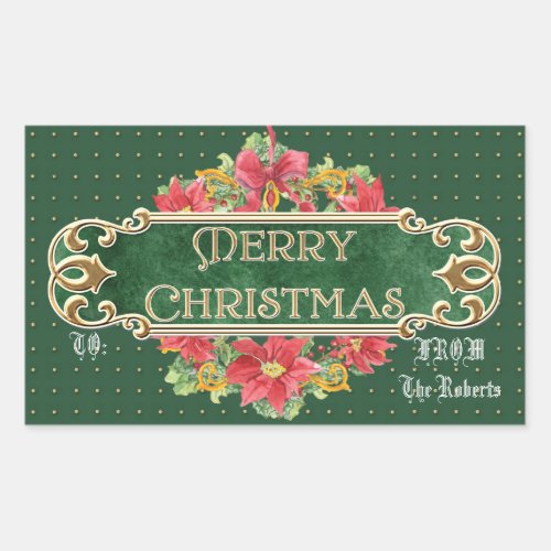 Merry Christmas Gold Swirl Poinsettia Wreath Jewel Rectangular Sticker