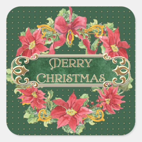 Merry Christmas Gold Swirl Poinsettia Wreath Jewel Square Sticker