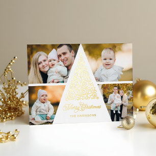 Merry Christmas Gold Swirl Tree 4 Photo Collage Foil Holiday Card