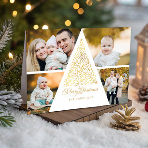 Merry Christmas Gold Swirl Tree 4 Photo Collage Holiday Card