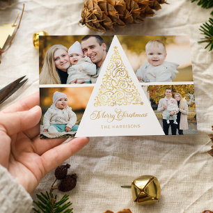 Merry Christmas Gold Swirl Tree 4 Photo Collage Holiday Card
