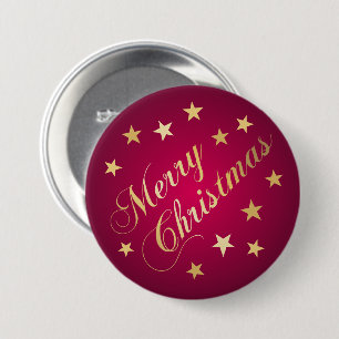 Merry Christmas Gold Tones Stars Burgundy Cheerful Button