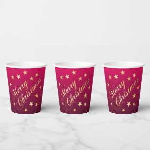 Merry Christmas Gold Tones Stars Burgundy Cheerful Paper Cups