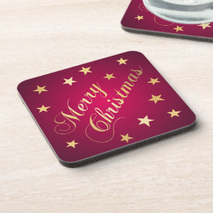 Merry Christmas Gold Tones Stars Burgundy Elegant Beverage Coaster