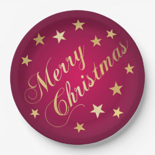 Merry Christmas Gold Tones Stars Burgundy Elegant Paper Plates