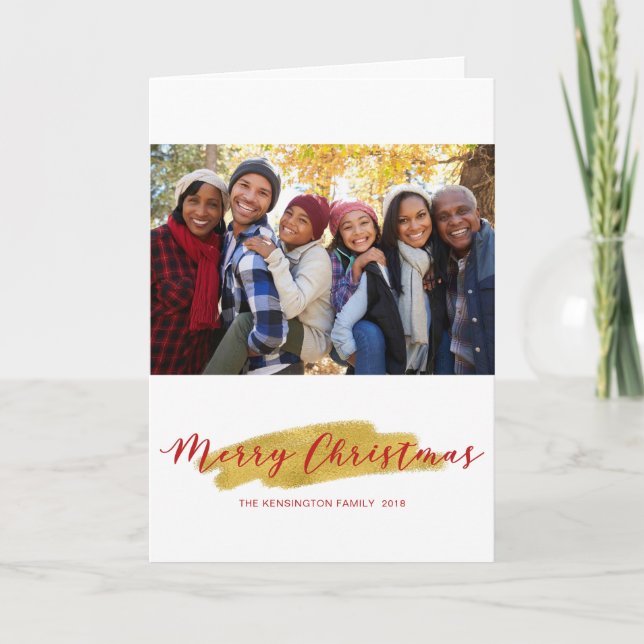 Merry Christmas Gold Tree Foil Brush Holiday Photo Card (Front)
