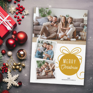 Merry Christmas Gold Tree Ornament 3 Photos Holiday Card