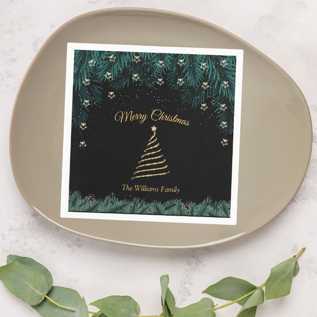 Merry Christmas | Gold Tree & Pine Branches Napkins (Creator Uploaded)