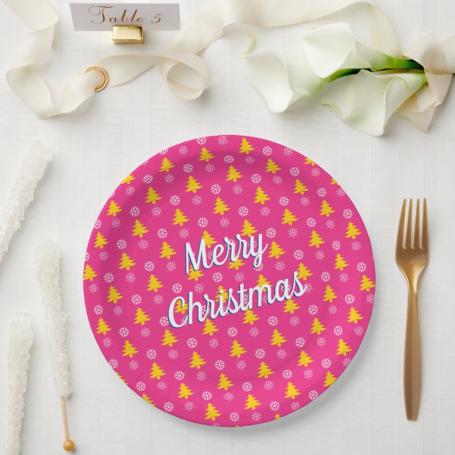 Merry Christmas, Gold Trees & Snow Flakes Paper Plates (Wedding)