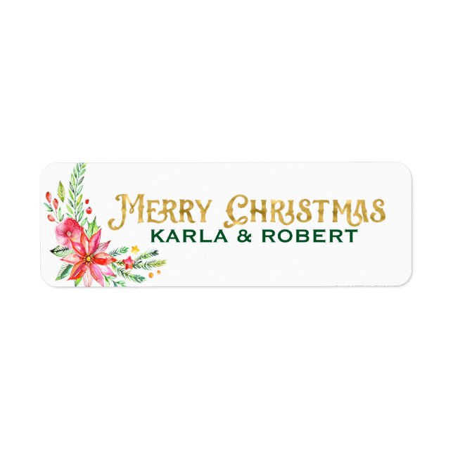 Merry Christmas Gold Typography and Floral Bouquet Label (Front)