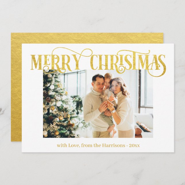 Merry Christmas Gold Typography Modern Photo  Holiday Card (Front/Back)