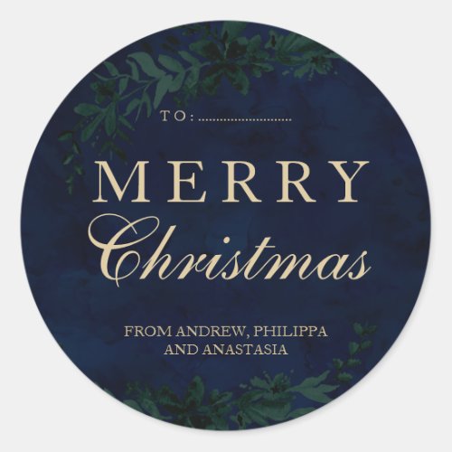Merry Christmas gold typography navy blue green Classic Round Sticker