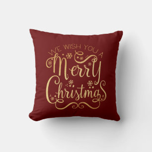 Merry Christmas Gold Typography Red Chic Throw Pillow