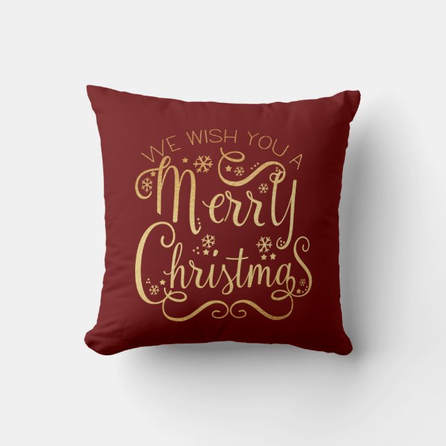 Merry Christmas Gold Typography Red Chic Throw Pillow (Front)