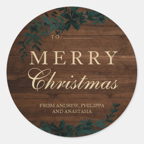 Merry Christmas gold typography wood green Classic Round Sticker