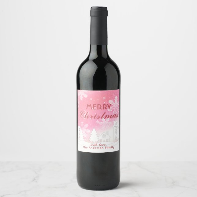 Merry Christmas Gold White House Snowflakes Custom Wine Label (Front)