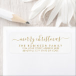 Merry Christmas Gold White Script Return Address Label<br><div class="desc">Modern Elegant Gold and White Family  Name Merry Christmas Script Return Address Labels. Featuring a pretty hand-written calligraphy swash-tail font script with saying "Merry Christmas". Great for Christmas holiday season,  easy to personalize them with your names and return address info.</div>