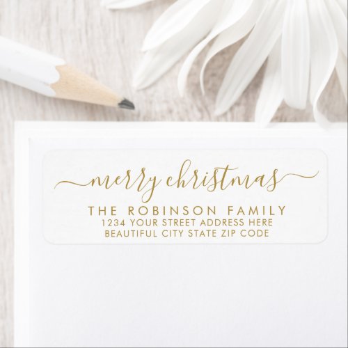 Merry Christmas Gold White Script Return Address Label