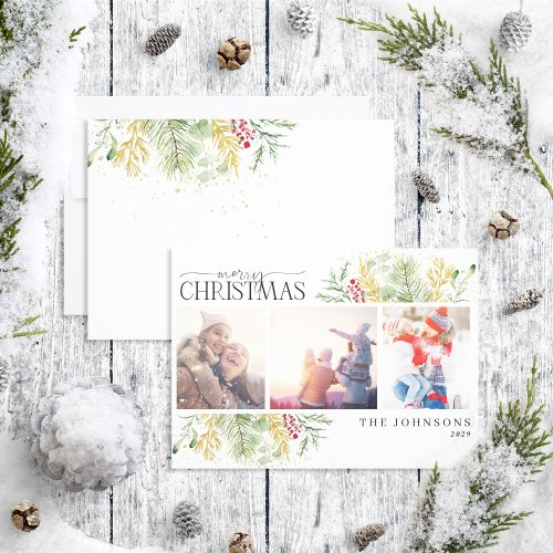 Merry Christmas Gold Winter Botanical Photo  Holid Holiday Card