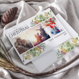 Merry Christmas Gold Winter Botanical Photo Holiday Card