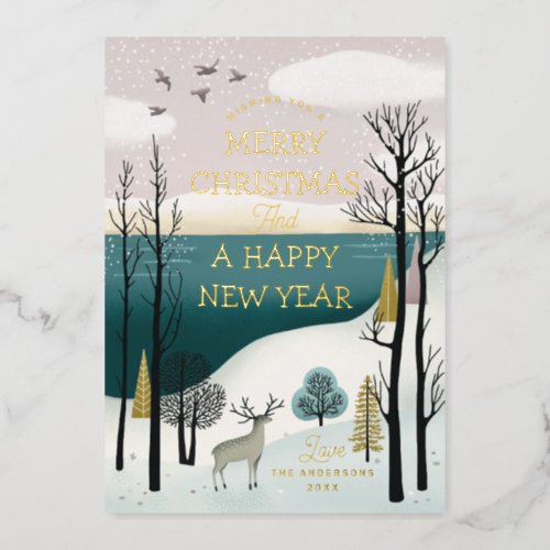 Merry Christmas Gold winter woodland landscape Foil Holiday Card