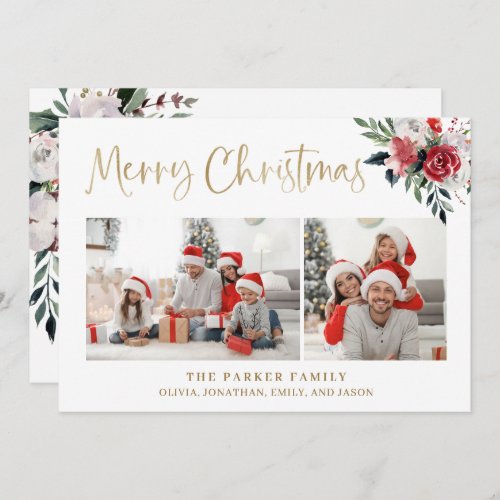 Merry Christmas  Gold with Two Photos and Flowers Holiday Card