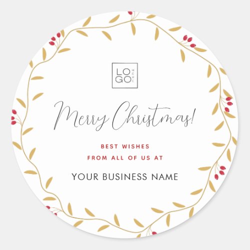 Merry Christmas Gold Wreath Custom Company Logo  Classic Round Sticker