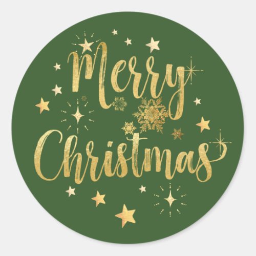 Merry Christmas Gold Writing Stars  Snowflakes Classic Round Sticker
