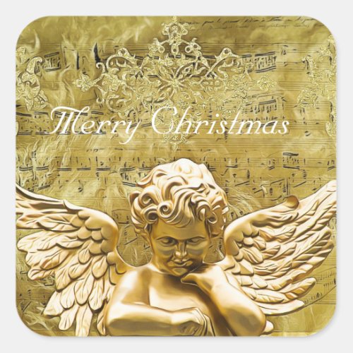 Merry Christmas Golden Angel Musical Notes Square Sticker