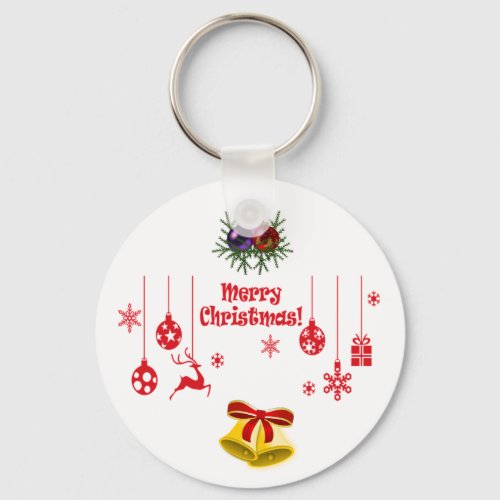 Merry Christmas Golden Bells Red Ornament Reindeer Keychain