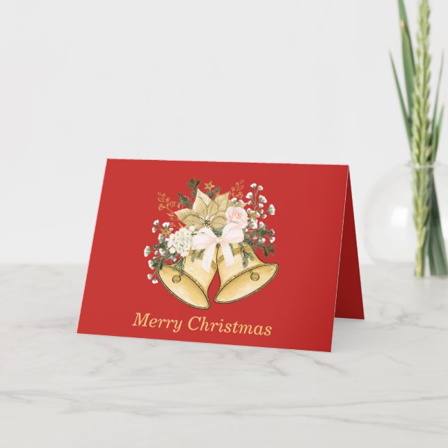 Merry Christmas Golden Bells Roses Floral Holiday Card (Front)