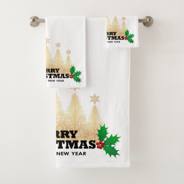 Merry Christmas Golden Christmas Trees  Bath Towel Set (Insitu)