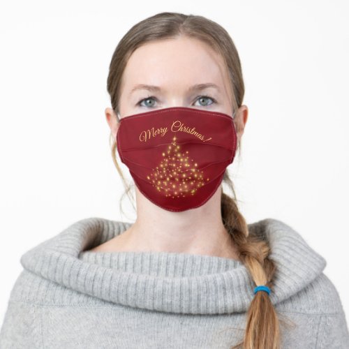 Merry Christmas Golden Lights Tree on Crimson Red Adult Cloth Face Mask