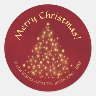 Merry Christmas! Golden Lights Tree on Crimson Red Classic Round Sticker