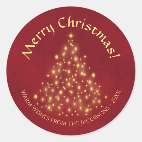 Merry Christmas Golden Lights Tree on Crimson Red Classic Round Sticker