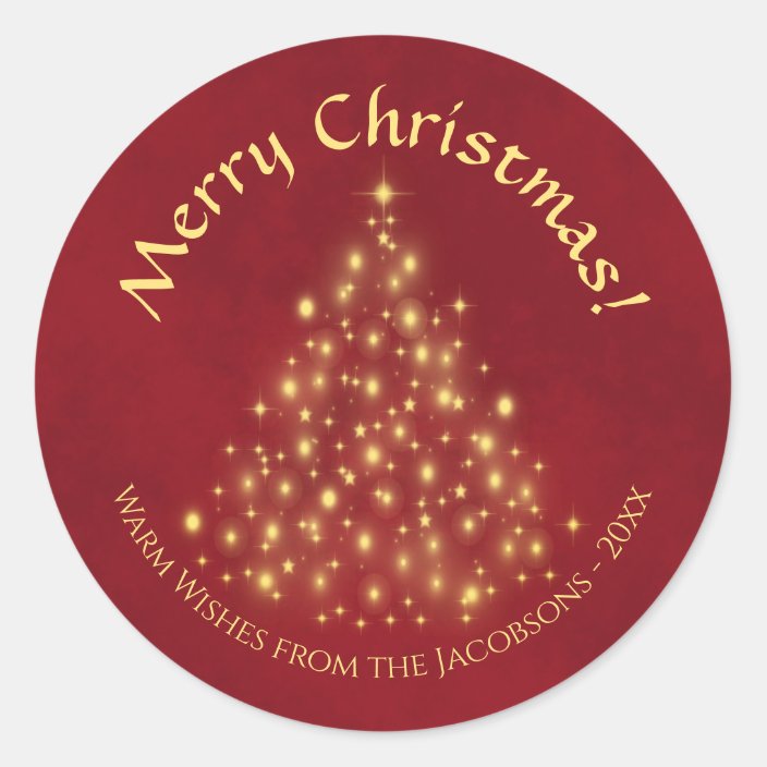 Merry Christmas Golden Lights Tree On Crimson Red Classic Round Sticker Zazzle Com