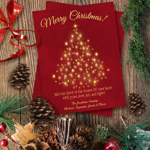 Merry Christmas! Golden Lights Tree on Lush Red Holiday Card