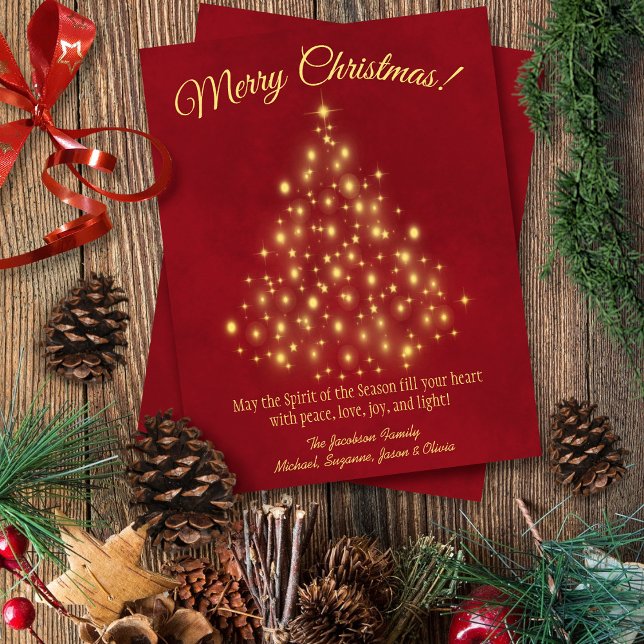 Merry Christmas! Golden Lights Tree on Lush Red Holiday Card (In Situ Front/Back)