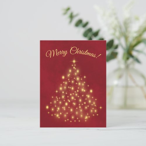 Merry Christmas Golden Lights Tree on Red Simple Holiday Postcard