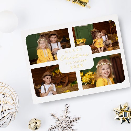 Merry Christmas Golden Minimalist 4 Photos Collage Foil Holiday Postcard