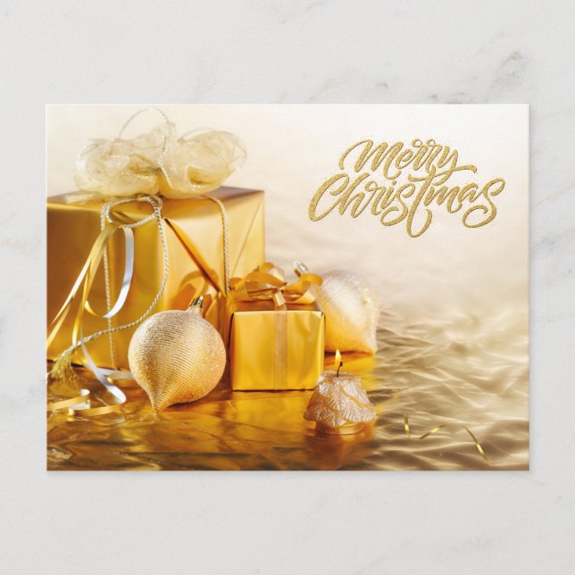 Merry Christmas Golden Ornaments and Gift Boxes  Holiday Postcard (Front)