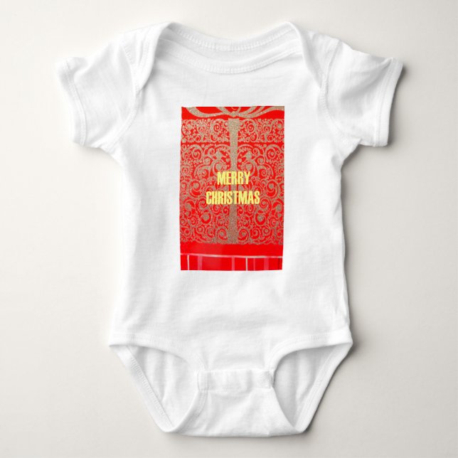 Merry Christmas Golden Red Snow Glitter Hearts Art Baby Bodysuit (Front)