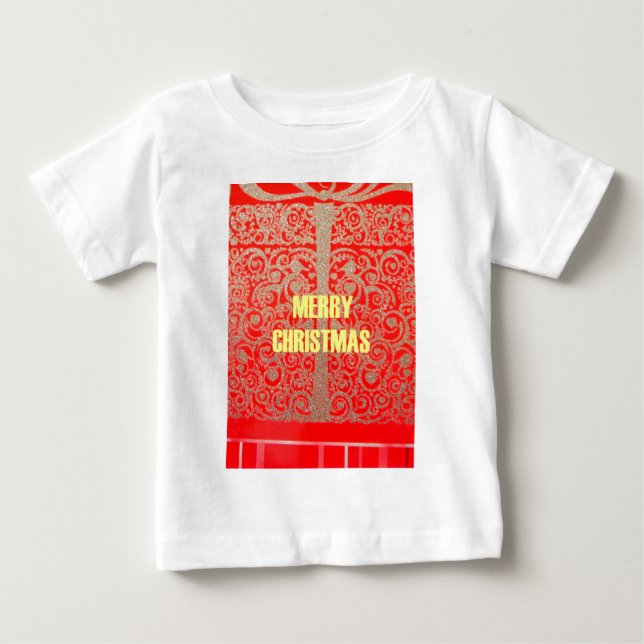 Merry Christmas Golden Red Snow Glitter Hearts Art Baby T-Shirt (Front)