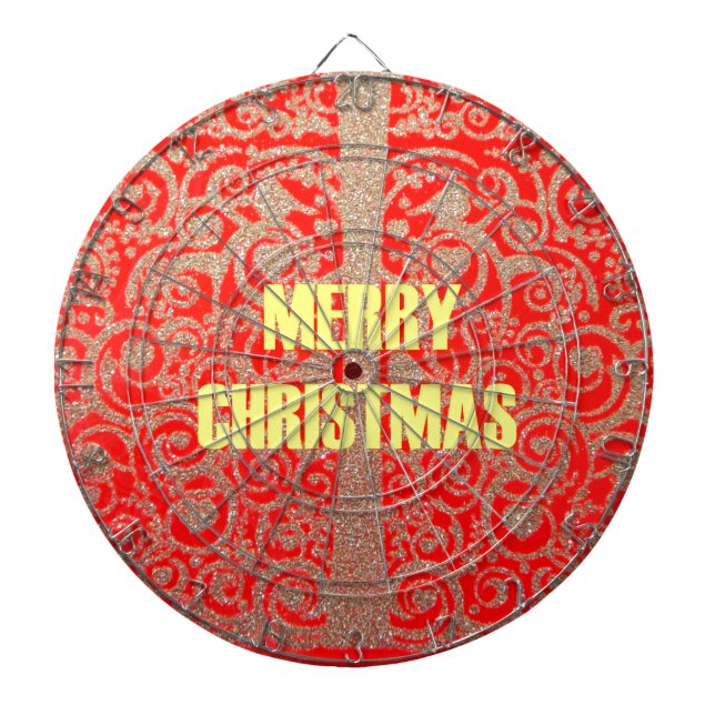 Merry Christmas Golden Red Snow Glitter Hearts Art Dart Board (Front)