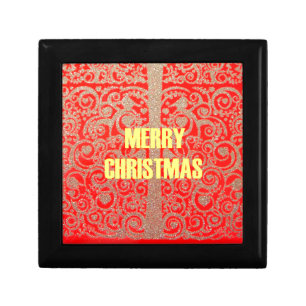 Merry Christmas Golden Red Snow Glitter Hearts Art Jewelry Box