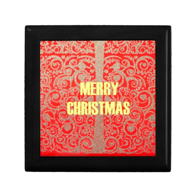 Merry Christmas Golden Red Snow Glitter Hearts Art Jewelry Box (Front)