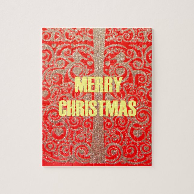 Merry Christmas Golden Red Snow Glitter Hearts Art Jigsaw Puzzle (Vertical)