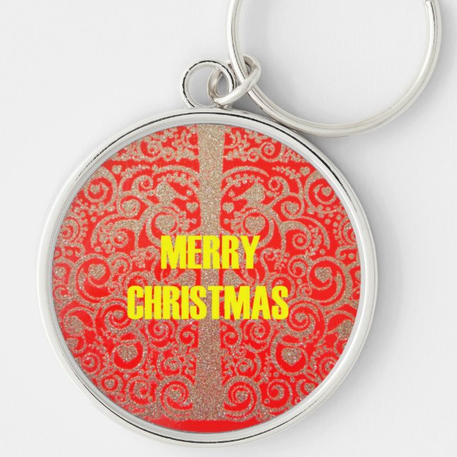 Merry Christmas Golden Red Snow Glitter Hearts Art Keychain (Front)