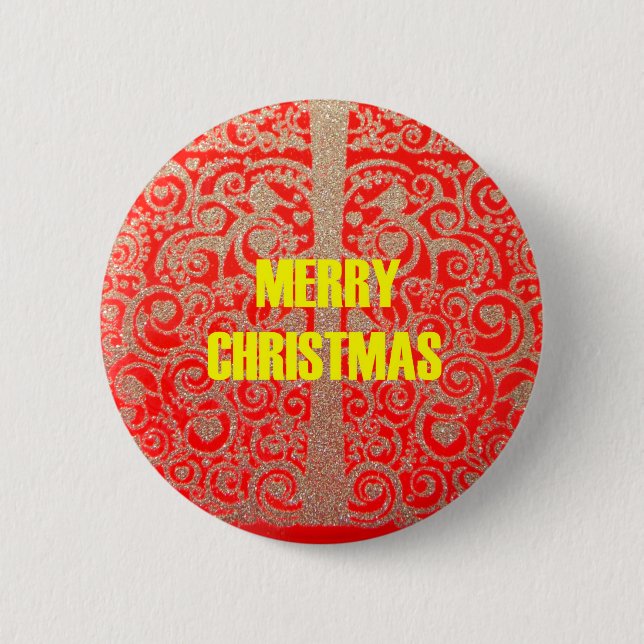 Merry Christmas Golden Red Snow Glitter Hearts Art Pinback Button (Front)