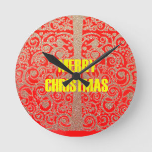 Merry Christmas Golden Red Snow Glitter Hearts Art Round Clock